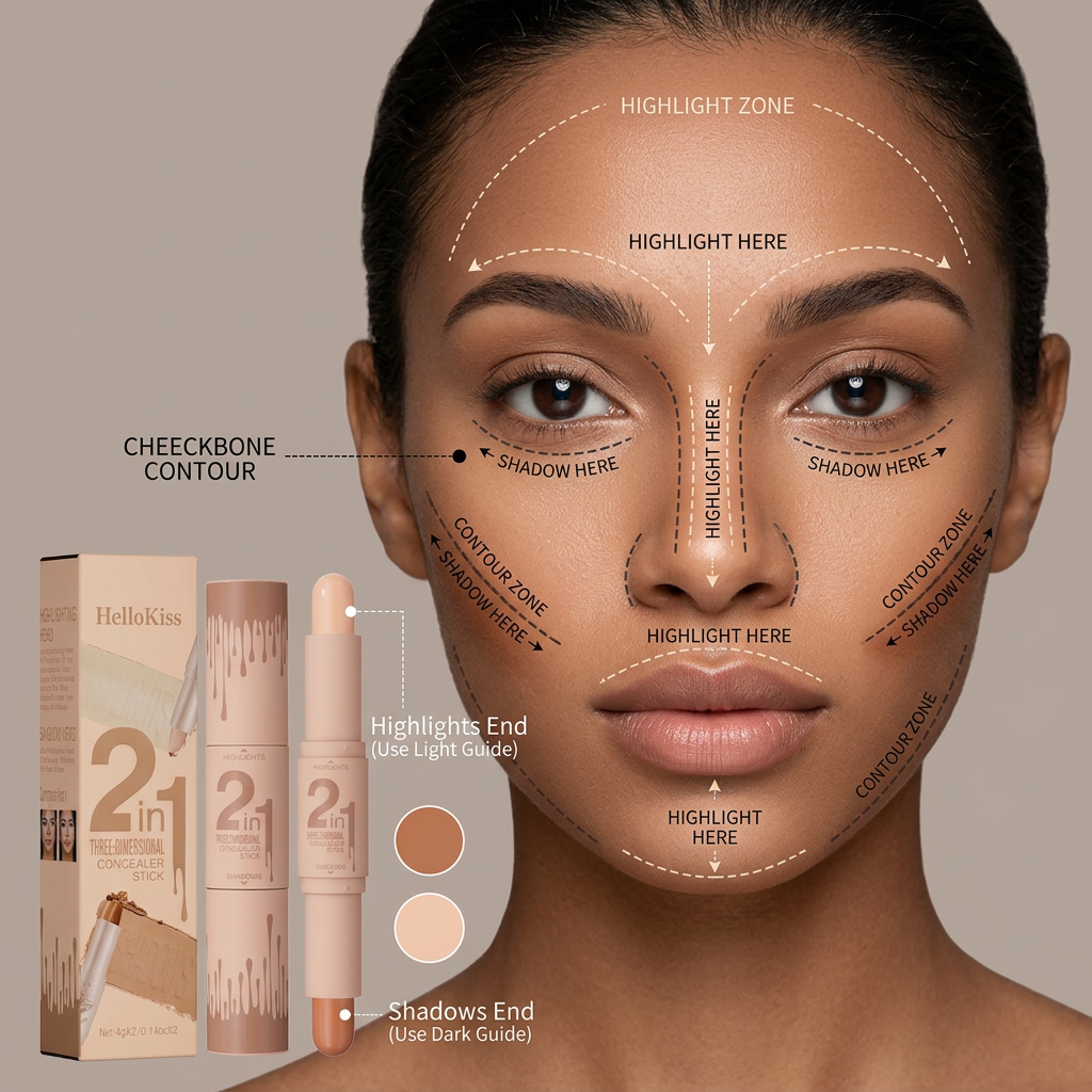 Professional 2-in-1 Contour & Highlight Stick - Dual-Ended Cream Sculpting Wand for 3D Face Definition