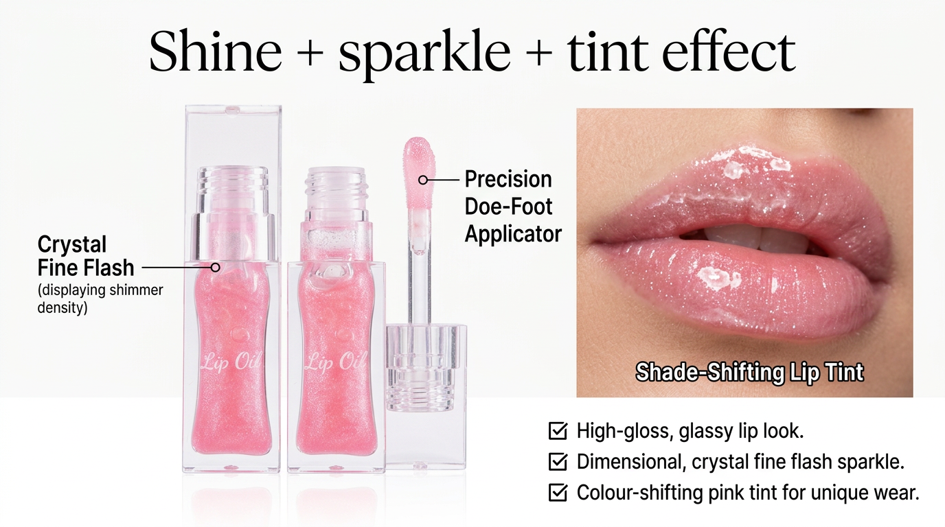 Velmora Crystal Glow Lip Oil - Ultra-Hydrating High-Shine Gloss with Fine Shimmer Finish