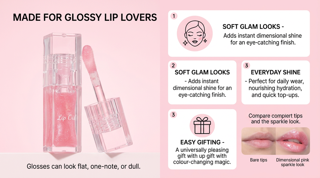 Velmora Crystal Glow Lip Oil - Ultra-Hydrating High-Shine Gloss with Fine Shimmer Finish